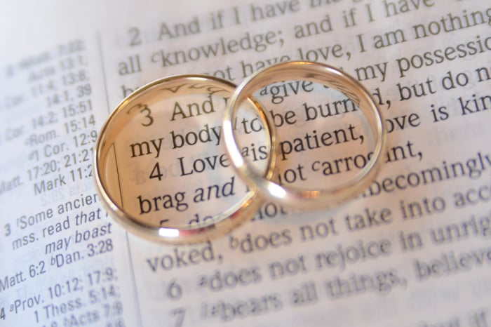 2 wedding rings over bible page