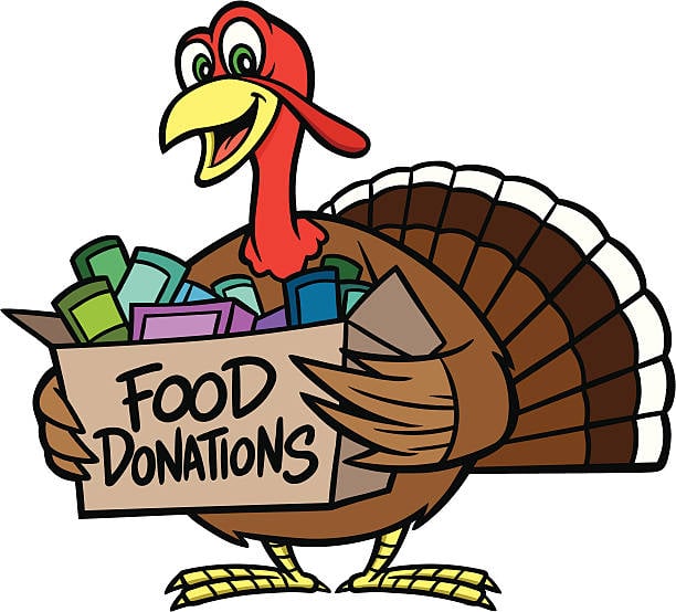 cartoon turkey holding a box of food donations